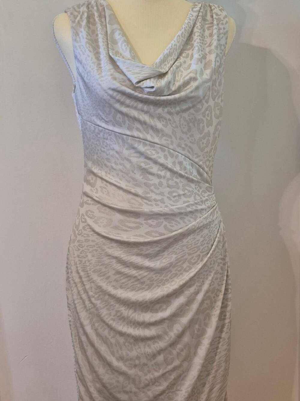 Vintage CACHE S Metallic Leopard Dress Cowl Neck Ruched Y2K‎ Mob Wife Cocktail